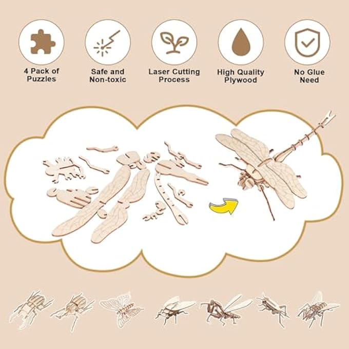 WOODEN 3D ANIMAL MODEL PUZZLES, 8 PIECE SET INSECT ANIMAL MODELS, BUILDING KITS DIY WOODEN CRAFTS STEM TOYS GIFTS FOR KIDS AND ADULTS, CRAFTS 3D PUZZLES SAFE AND NON-TOXIC EASY PUNCH - Image 2